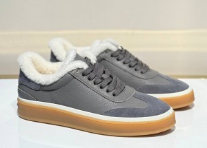 ЖЕНСКИЕ КОЖАНЫЕ КРОССОВКИ С МЕХОМ LORO PIANA СЕРЫЕ