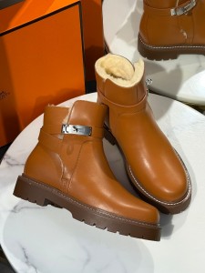 Женские ботинки на меху Hermes коричневые