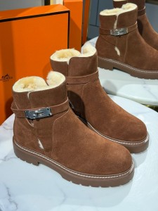 Женские замшевые ботинки на меху Hermes коричневые