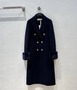 ЖЕНСКОЕ КАШЕМИРОВОЕ ПАЛЬТО С МЕХОМ CHRSITIAN DIOR СИНЕЕ
